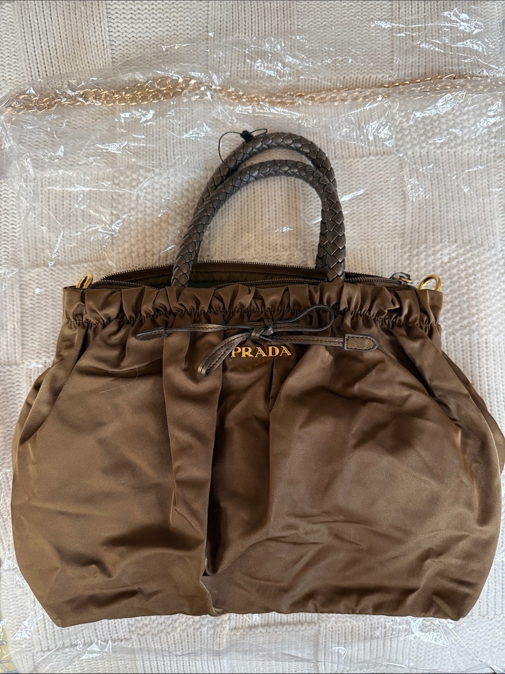 Prada TESSUTO BOW handbag nylon with leather braided handles.  Brown/green.